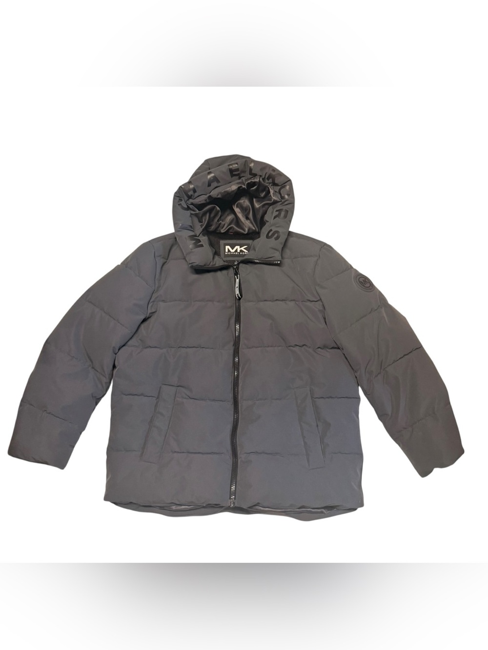 Michael Kors Men's Charcoal Quilted Puffer Jacket with Hood, Large